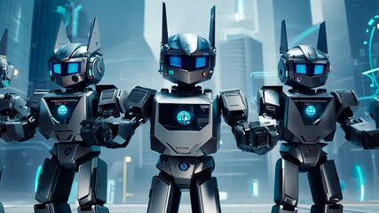Poster - Futuristic Robots Walking Through Cityscape