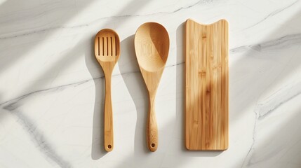 Wall Mural - A flat lay of a single wooden spoon, a spatula, and a minimalist cutting board on a clean kitchen counter