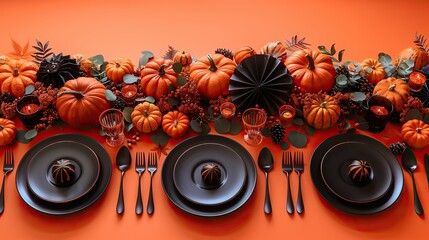 Fototapete - halloween table,cutlery tableware paper fans pumpkins on orange background flat lay top view,stock image