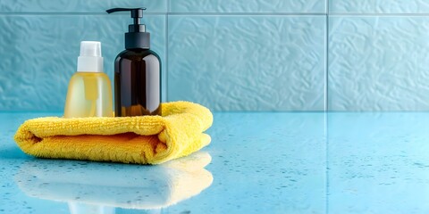 Canvas Print - Clean Home Interior Featuring Yellow Towel, Shampoo Bottle, and Blue Countertop. Concept Home Interior, Yellow Towel, Shampoo Bottle, Blue Countertop, Clean Space