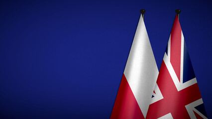 Wall Mural - 3D rendering of two flag from Poland and United Kingdom on flagpoles with Blue background for diplomatic. bilateral relations. peace and conflict between countries. Fabric