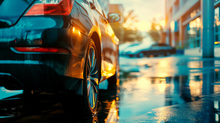 Wall Mural - Gleaming car driving on a wet city street at sunset, with bright reflections on water