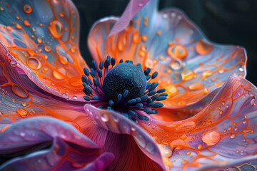 Wall Mural - A macro shot of an anemone petal, forming intricate patterns with vivid paint on a plain background,