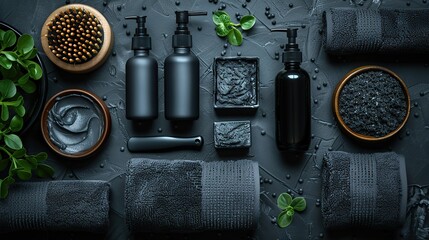 Poster - frame of black spa cosmetic packaging towel shampoo bottle razor deodorant mens beauty product design flat lay top view,stock photo
