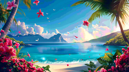 Wall Mural - beautiful landscape of mountain  sea  and blue sky vector art and cartoon