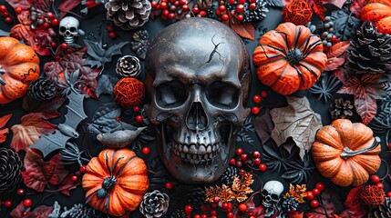 Poster - happy halloween vertical banner design halloween flat lay composition,skull bones skeleton hands pumpkins ghosts spiders bats on red background,image