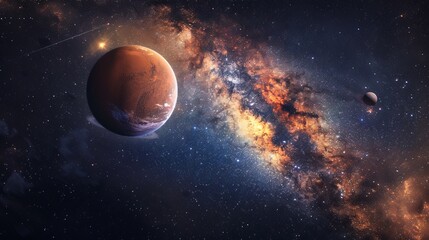 Wall Mural - an awe-inspiring depiction of space showcasing a colorful galaxy, a prominent red planet accompanied