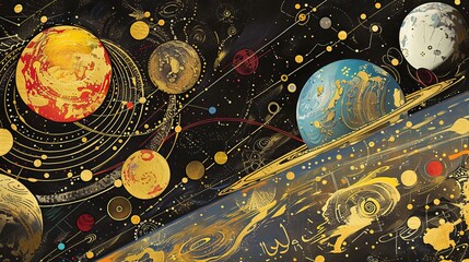 Wall Mural - a captivating and abstract artistic piece depicting the solar system with colorful, stylized planets