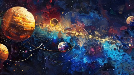 Wall Mural - a vivid and captivating scene showcasing an abstract depiction of space with various colorful planet
