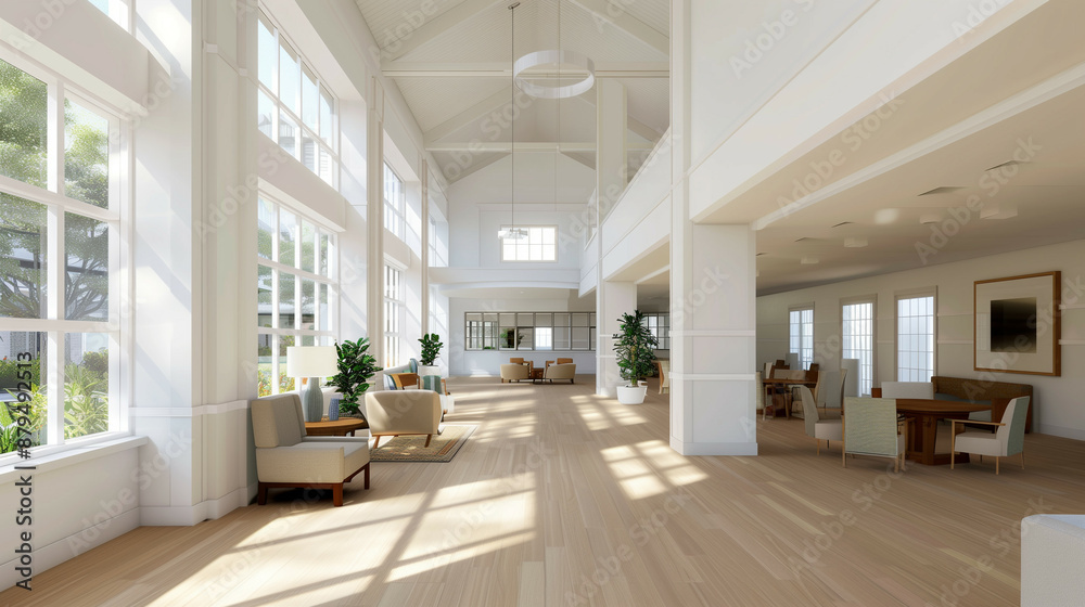 '' wide angle of a nursing home common area with residents socializing ...