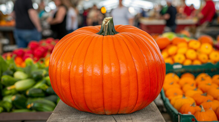 Canvas Print - A giant pumpkin at a farmers market, surrounded by colorful autumn produce, with people in the background admiring it 