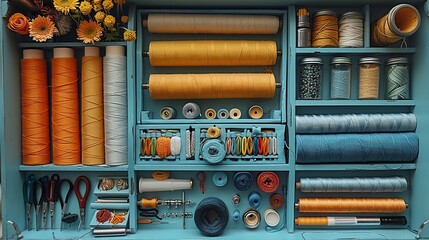 Fototapete - flat lay handicraft embroidery materials,accessories on blue background,stock image