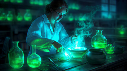 a witchy scientist in a dark laboratory, concocting potions with bubbling cauldrons and glowing, mystical equipment 