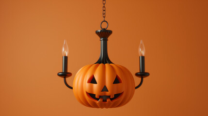 Sticker - closeup of a chandelier shaped like a Halloween pumpkin, orange with a carved face, isolated on a gradient background 