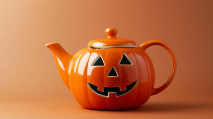 Wall Mural - closeup of a electric tea pot shaped like a Halloween pumpkin, orange with a carved face, isolated on a gradient background 