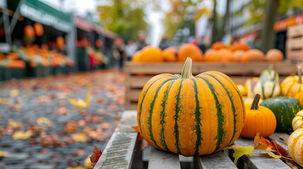 Sticker - giant pumpkin at an autumn market, surrounded by colorful gourds, fall leaves, and rustic wooden crates, market stalls in the background, wide angle 