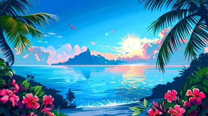 Wall Mural - beautiful landscape of mountain  sea  and blue sky vector art and cartoon