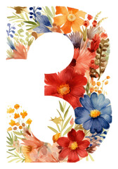 Sticker - PNG Floral inside letter number 3 flower text white background.