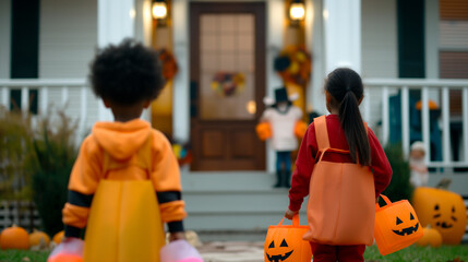 Canvas Print - view from the door camera showing excited trick-or-treat kids in colorful costumes holding out bags for candy, evening light, spooky decorations 