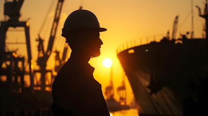 Wall Mural - Silhouetted Shipyard Worker with Cargo Ship in Industrial Background