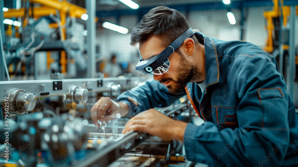 a of an engineer using augmented reality glasses to overlay product ...
