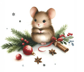 Wall Mural - Watercolor painting of mouse christmas theme on​ white background