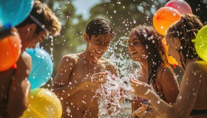 A group of friends enjoy splashing water and tossing balloons on a sunny day outdoors, filled with fun and laughter AIG62