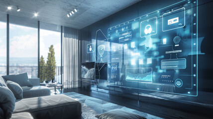 futuristic interface on virtual screen of smart home