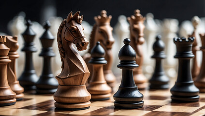 Poster - International chess day, a wooden knight chess piece on a chessboard with other chess pieces blurred in the background. The board features alternating dark and light squares with a glossy finish