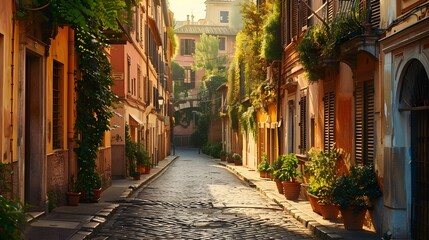  A charming cobblestone lane in the heart of Rome, Italy, framed by pastel-colored facades and cascading ivy. The architecture reflects the quintessential Italian style.