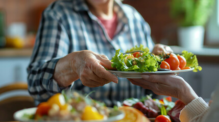 Elder care, close-up of an elderly person and caregiver enjoying a meal together, bright kitchen setting, natural daylight, friendly and nurturing atmosphere, healthy food and dining table visible