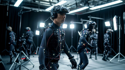 Poster - Performers in motion capture suits equipped with sensors at a modern film studio.