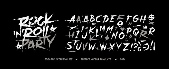 Poster - Rock Music Party vintage grunge Font Type alphabet with vector signs and symbols. Street Art grunge type font. Punk Rock style elements collection for tee print and textile design