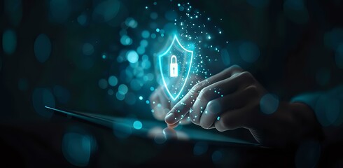 Poster - Hands typing on a tablet with a glowing digital shield, symbolizing cybersecurity and data protection. Perfect for illustrating online security, privacy, and modern technology.