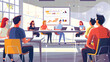© Zape - Professional business meeting in a modern conference room, diverse team members engaged in discussion with charts and laptops, highlighting corporate settings.