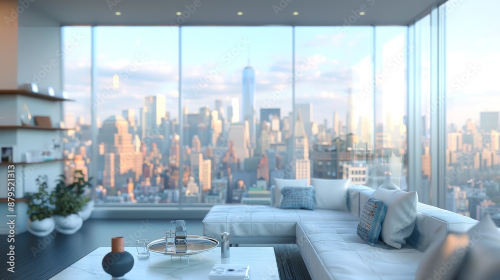 Urban interior design for a luxury apartment with large windows and a ...