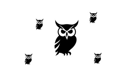 Poster - Zoom in and out animation the owl symbol. Large black symbol in the center and four small symbols around. Seamless looped 4k animation on white background