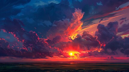 Wall Mural - A painting of a sunset over a field.