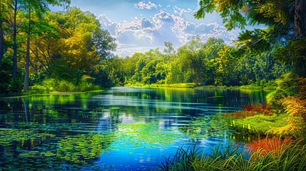 Wall Mural - A painting of a lake with trees and water.