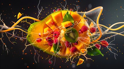 Sticker - Spinal Cord Imagined as a Vibrant Mango Burst with Cascading Nerves and Fibers