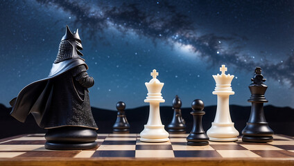 Poster - International chess day, chess pieces on a board in front of a starry night sky background