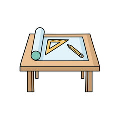 Canvas Print - Illustration Doodle of a drafting table with T-square and pencil and architecture plan