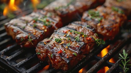 Wall Mural - A close-up image of delicious, juicy steaks with distinct grill marks, garnished with herbs and spices, cooking over a hot barbecue grill with flames in the background.