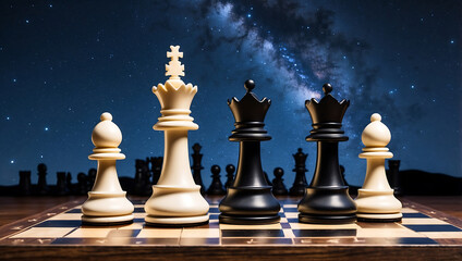 Poster - International chess day, chess pieces on a board in front of a starry night sky background