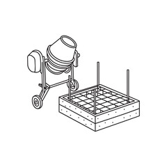 Canvas Print - Illustration Doodle of a concrete foundation with rebar and cement mixer beside