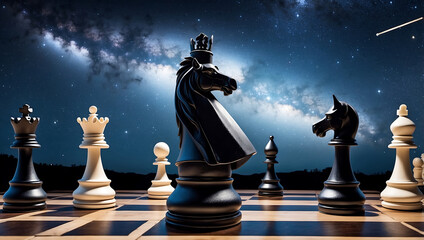 Poster - International chess day, chess pieces on a board in front of a starry night sky background