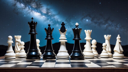 Poster - International chess day, chess pieces on a board in front of a starry night sky background