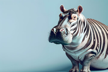 Poster - Hippo with zebra stripes on pastel blue background.