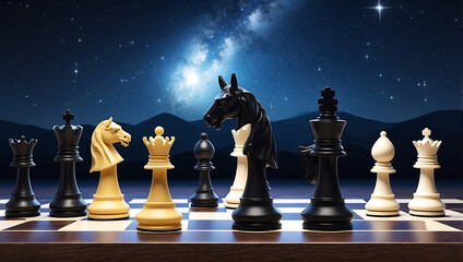 Poster - International chess day, chess pieces on a board in front of a starry night sky background