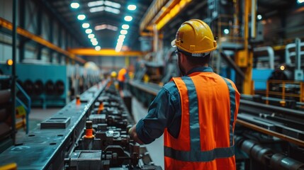 Wall Mural - Engineer wearing safety vest controlling machine working talking with assistant engineer worker checking safety first for labour workers. Safety officer check machine in factory.